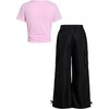 image:imageRoseSeek Girls 2 Piece Summer Outfits Short Sleeve Ruched Basic Tess and Camo Cargo Pants Sets TrendyBow Pink and Black