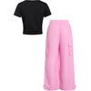 image:imageRoseSeek Girls 2 Piece Summer Outfits Short Sleeve Ruched Basic Tess and Camo Cargo Pants Sets TrendyPink and Black
