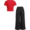 image:imageRoseSeek Girls 2 Piece Summer Outfits Short Sleeve Ruched Basic Tess and Camo Cargo Pants Sets TrendyRed Black