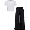 image:imageRoseSeek Girls 2 Piece Summer Outfits Short Sleeve Ruched Basic Tess and Camo Cargo Pants Sets TrendyWhite and Black