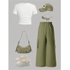 image:imageRoseSeek Girls 2 Piece Y2K Outfits Short Sleeve Letter Graphic Tees and Cargo Pants Preppy ClothesWhite and Green