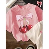 image:imageRoseSeek Girls Bow Cherry Graphic Tees Short Sleeve Crewneck Cute T Shirts Tops for Teens Summer TopsBeige Pink Black