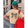 image:imageRoseSeek Girls Bow Leopard Graphic Tees Short Sleeve Preppy Summer T Shirt Aesthetic Baggy TopsApricot Beige
