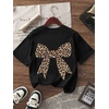 image:imageRoseSeek Girls Bow Leopard Graphic Tees Short Sleeve Preppy Summer T Shirt Aesthetic Baggy TopsBlack