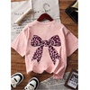 image:imageRoseSeek Girls Bow Leopard Graphic Tees Short Sleeve Preppy Summer T Shirt Aesthetic Baggy TopsBow Pink