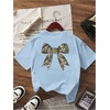 image:imageRoseSeek Girls Bow Leopard Graphic Tees Short Sleeve Preppy Summer T Shirt Aesthetic Baggy TopsBright Soft Blue