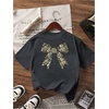 image:imageRoseSeek Girls Bow Leopard Graphic Tees Short Sleeve Preppy Summer T Shirt Aesthetic Baggy TopsDark Grey Bow