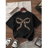 image:imageRoseSeek Girls Bow Leopard Graphic Tees Short Sleeve Preppy Summer T Shirt Aesthetic Baggy TopsLeopard Black