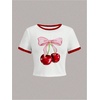 image:imageRoseSeek Girls Cherry Bow Crop Shirts Cute Short Sleeve Graphic Tees Summer Crew Neck Tight T ShirtWhite