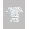 image:imageRoseSeek Girls Ditsy Floral Print Lace T Shirt Short Sleeve Ribbed Ruched Cute Tee Shirts Summer TopsBlue