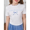 image:imageRoseSeek Girls Graphic Tee Crew Neck Letter Bow Print Crop Tops Casual Cute Short Sleeve T ShirtWhite and Blue