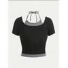 image:imageRoseSeek Girls Halter Crop Tops Colorblock Bowknot Fake Two Piece Cute Summer T Shirt Y2k Tops TrendyBlack