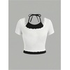 image:imageRoseSeek Girls Halter Crop Tops Colorblock Bowknot Fake Two Piece Cute Summer T Shirt Y2k Tops TrendyBow Black and White