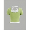image:imageRoseSeek Girls Halter Crop Tops Colorblock Bowknot Fake Two Piece Cute Summer T Shirt Y2k Tops TrendyGreen