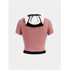 image:imageRoseSeek Girls Halter Crop Tops Colorblock Bowknot Fake Two Piece Cute Summer T Shirt Y2k Tops TrendyWatermelon Pink