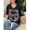 image:imageRoseSeek Girls Leopard Bows Graphic Tees Oversized Football Jersey Mesh Color Block Short Sleeve T ShirtLetter Black