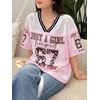 image:imageRoseSeek Girls Leopard Bows Graphic Tees Oversized Football Jersey Mesh Color Block Short Sleeve T ShirtLight Pink