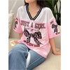 image:imageRoseSeek Girls Leopard Bows Graphic Tees Oversized Football Jersey Mesh Color Block Short Sleeve T ShirtPink