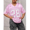 image:imageRoseSeek Girls Leopard Bows Graphic Tees Oversized Football Jersey Mesh Color Block Short Sleeve T ShirtPink and White