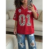 image:imageRoseSeek Girls Leopard Bows Graphic Tees Oversized Football Jersey Mesh Color Block Short Sleeve T ShirtRed