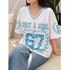 image:imageRoseSeek Girls Leopard Bows Graphic Tees Oversized Football Jersey Mesh Color Block Short Sleeve T ShirtWhite and Blue