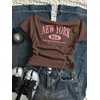image:imageRoseSeek Girls Off The Shoulder Letter Graphic Tees Short Sleeve Ruched Bowknot T Shirts Cute Crop TopsCoffee Pink