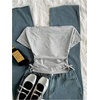 image:imageRoseSeek Girls Off The Shoulder Letter Graphic Tees Short Sleeve Ruched Bowknot T Shirts Cute Crop TopsGrey