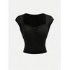 image:imageRoseSeek Girls Ruched Cap Sleeve Tops Sweetheart Neck Slim Fit Cropped T Shirts Cute Summer ClothesBlack