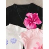 image:imageRoseSeek Girls Shirts 3 Packs Graphic Tees Vacation Hibiscus Top Crewneck Short Sleeve Cute Tops Summer Slim Fit T ShirtPink Black White