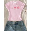 image:imageRoseSeek Girls Shirts 3 Packs Graphic Tees Vacation Hibiscus Top Crewneck Short Sleeve Cute Tops Summer Slim Fit T ShirtWhite Light and Hot Pink