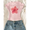 image:imageRoseSeek Girls Shirts 3 Packs Graphic Tees Vacation Hibiscus Top Crewneck Short Sleeve Cute Tops Summer Slim Fit T ShirtWhite Pink Black