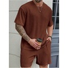 image:imageRoseSeek Mens Big and Tall 2 Piece Summer Outfits Textured Drop Shoulder T Shirt and Short Sets TracksuitBrown