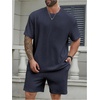 image:imageRoseSeek Mens Big and Tall 2 Piece Summer Outfits Textured Drop Shoulder T Shirt and Short Sets TracksuitPlus Deep Blue