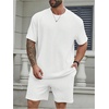 image:imageRoseSeek Mens Big and Tall 2 Piece Summer Outfits Textured Drop Shoulder T Shirt and Short Sets TracksuitPlus White
