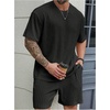 image:imageRoseSeek Mens Big and Tall 2 Piece Summer Outfits Textured Drop Shoulder T Shirt and Short Sets TracksuitSolid Black