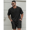 image:imageRoseSeek Mens Big and Tall 2 Piece Summer Outfits Textured Drop Shoulder T Shirt and Short Sets TracksuitSolid Black