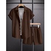 image:imageRoseSeek Mens Short Sets 2 Piece Outfits Button Down Linen Shirts and Short Sets Summer Beach OutfisBrown