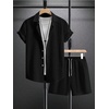 image:imageRoseSeek Mens Short Sets 2 Piece Outfits Button Down Linen Shirts and Short Sets Summer Beach OutfisSolid Black