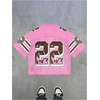 image:imageRoseSeek Mens Y2K Mesh Jersey Shirts V Neck Half Sleeve Number Graphic Tees Color Block Sport T ShirtNumber Pink