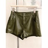 image:imageRoseSeek Womens A Line Leather Shorts Pleated Front High Waisted Wide Leg Mini Shorts Office WearArmy Green