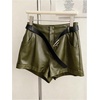 image:imageRoseSeek Womens A Line Leather Shorts Pleated Front High Waisted Wide Leg Mini Shorts Office WearArmy Green