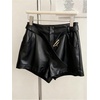 image:imageRoseSeek Womens A Line Leather Shorts Pleated Front High Waisted Wide Leg Mini Shorts Office WearBlack