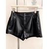 image:imageRoseSeek Womens A Line Leather Shorts Pleated Front High Waisted Wide Leg Mini Shorts Office WearBlack