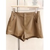 image:imageRoseSeek Womens A Line Leather Shorts Pleated Front High Waisted Wide Leg Mini Shorts Office WearKhaki