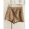 image:imageRoseSeek Womens A Line Leather Shorts Pleated Front High Waisted Wide Leg Mini Shorts Office WearKhaki