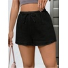 image:imageRoseSeek Womens Elastic High Waisted Track Shorts Casual Wide Leg Textured Drawstring Mini ShortsBlack