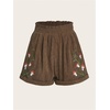 image:imageRoseSeek Womens Embroidered Corduroy Shorts Elastic High Waisted Straight Leg Casual Lounge ShortsCoffee Brown