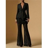 image:imageRoseSeek Womens Lace Sheer Mesh Bell Bottoms Ruched High Waisted Flare Leggings Skirt PantsBlack