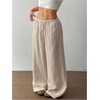 image:imageRoseSeek Womens Linen Summer Pants Drawstring Waist Baggy Pant Straight Wide Leg Beach TrousersApricot