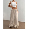 image:imageRoseSeek Womens Linen Summer Pants Drawstring Waist Baggy Pant Straight Wide Leg Beach TrousersApricot